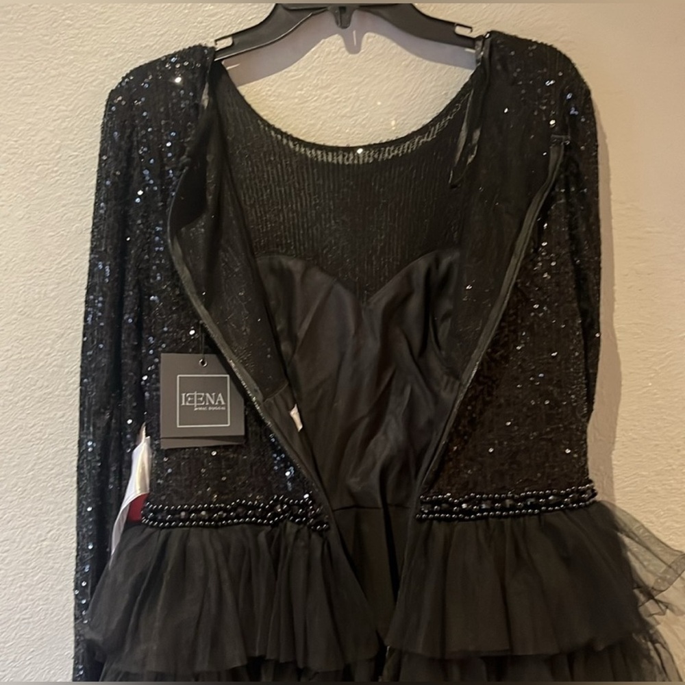NWT MAC DUGGAL LONG SLEEVED RUFFLE TIERED MIDI DRESS BLACK  26299 - Picture 12 of 14